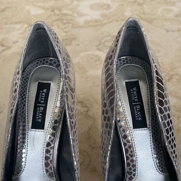 White House Black Market Leather Snakeskin Silver Platform 4” Party Heels - Picture 6 of 12